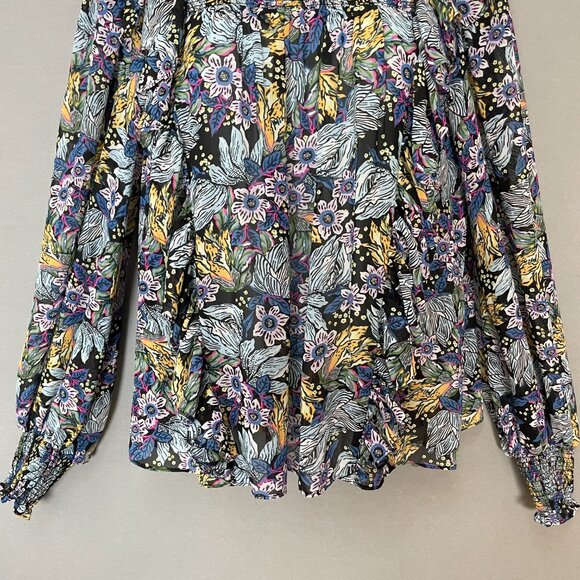 Floral Blouse Sheer Long Sleeve FLAWED Shirred Smocked Ruffles Blue Long Sleeve - Picture 4 of 15
